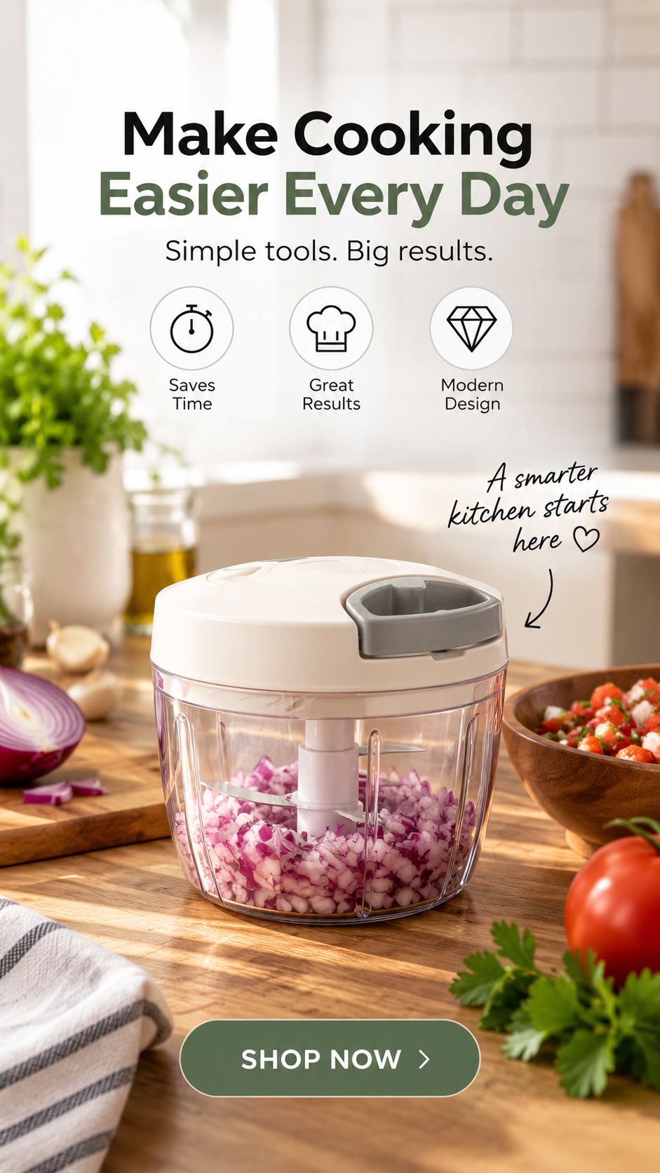 Manual mini food chopper dicing red onion on a wooden worktop