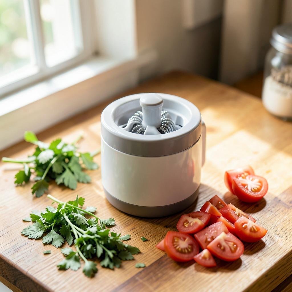 Mini chopper in use on a wooden board with tomatoes and fresh herbs